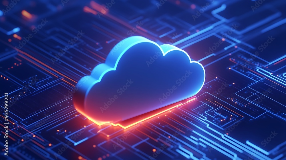 Poster futuristic digital representation of cloud computing technology with glowing circuits and vibrant co