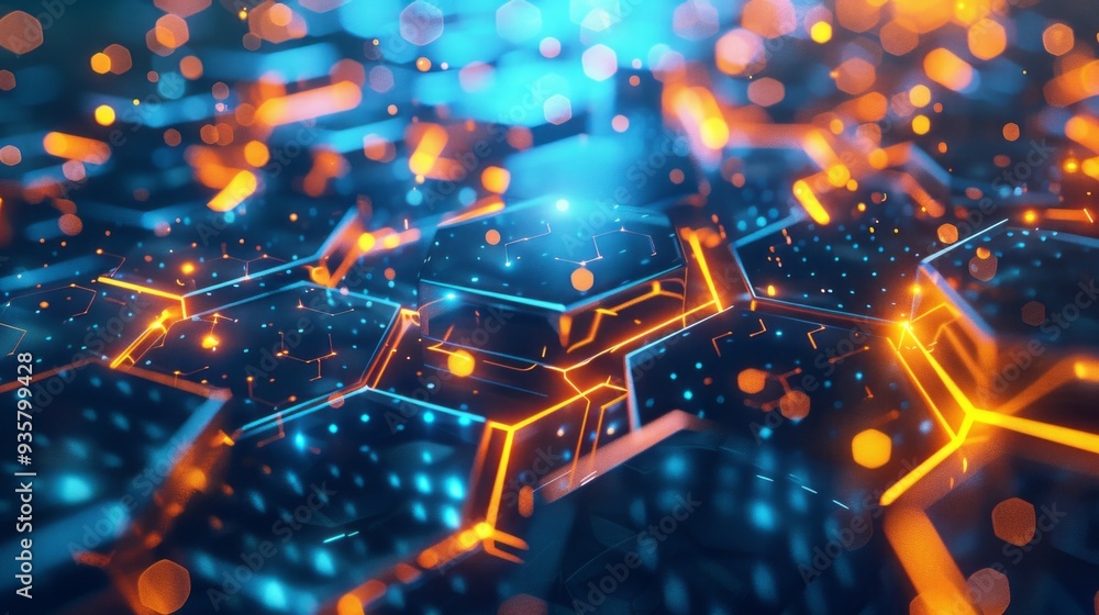 Poster a vibrant hexagonal pattern radiates with glowing blue and orange lights in a digital landscape, sho