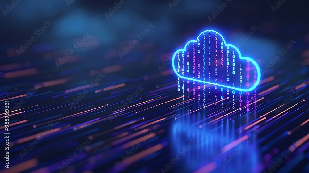 Poster futuristic glowing cloud computing graphic with abstract technology background, depicting data stora