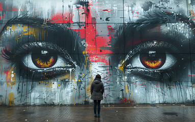  A woman stands confidently in front of a vibrant, large mural, showcasing colorful artwork and intricate designs.