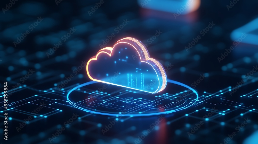 Poster futuristic glowing cloud icon over a digital network, representing cloud computing and data storage 