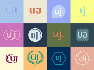 UJ logo company template. Letter u and j logotype. Set different classic serif lettering and modern bold text with design elements. Initial font typography.