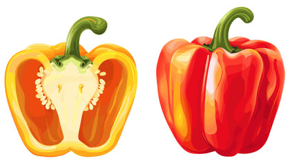Two red bell peppers, one whole and one cut in half. Minimalist illustration