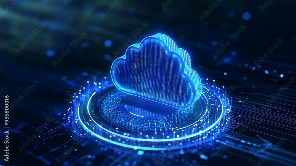 Poster futuristic glowing cloud icon representing cloud computing and digital technology with vibrant blue 