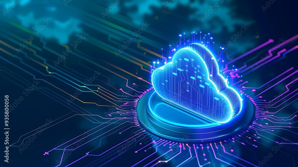 Poster futuristic glowing cloud icon representing cloud computing and data storage with digital technology 