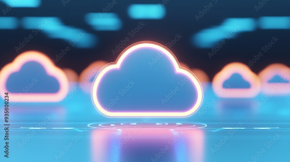 Poster futuristic glowing cloud icons representing cloud computing technology and data storage on a neon bl