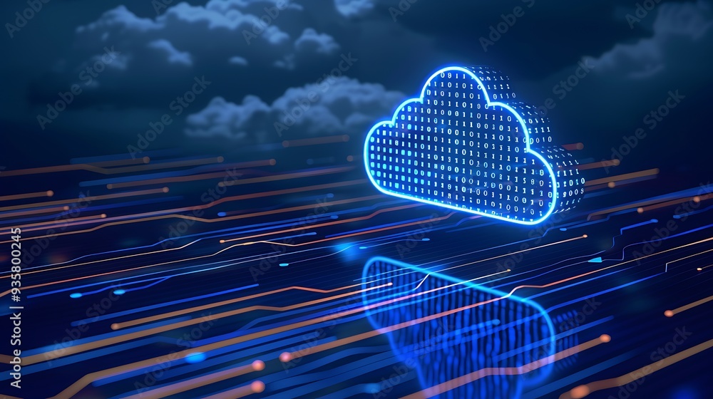 Poster futuristic glowing cloud icon with lines, representing cloud computing and data transfer technology 