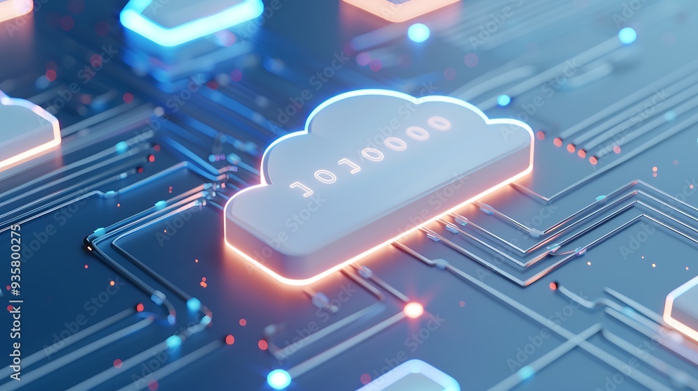 Poster futuristic glowing cloud symbol on a circuit board, representing cloud computing and data storage te