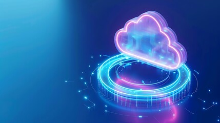 Futuristic glowing cloud icon with neon lights, representing cloud computing, data storage, and innovation in technology.