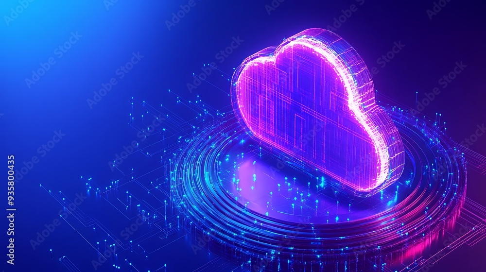 Poster futuristic glowing cloud symbolizing digital data storage and cloud computing surrounded by neon lig