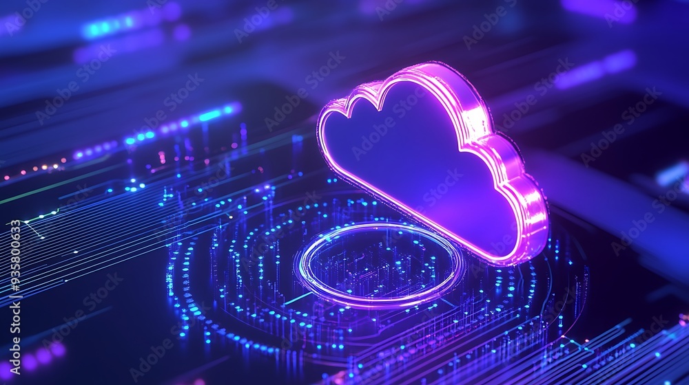 Aufkleber futuristic glowing neon cloud icon and digital circuit design, representing cloud computing and tech
