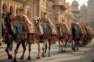 Naklejka premium a group of camels walking down a street
