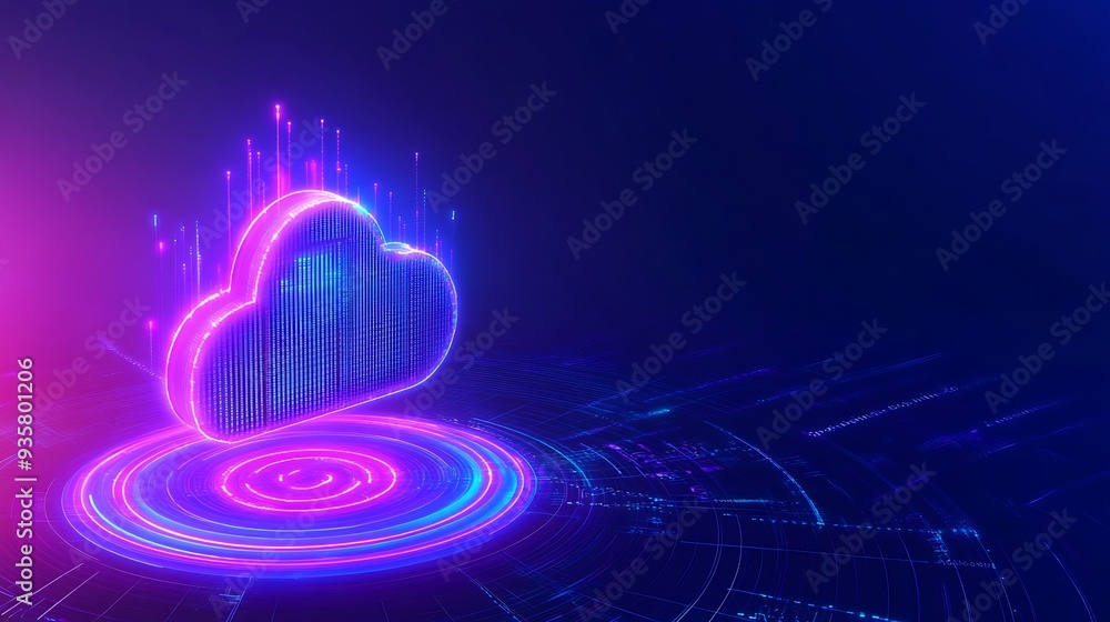 Poster futuristic neon blue cloud technology concept with digital data transfer and storage, highlighting t
