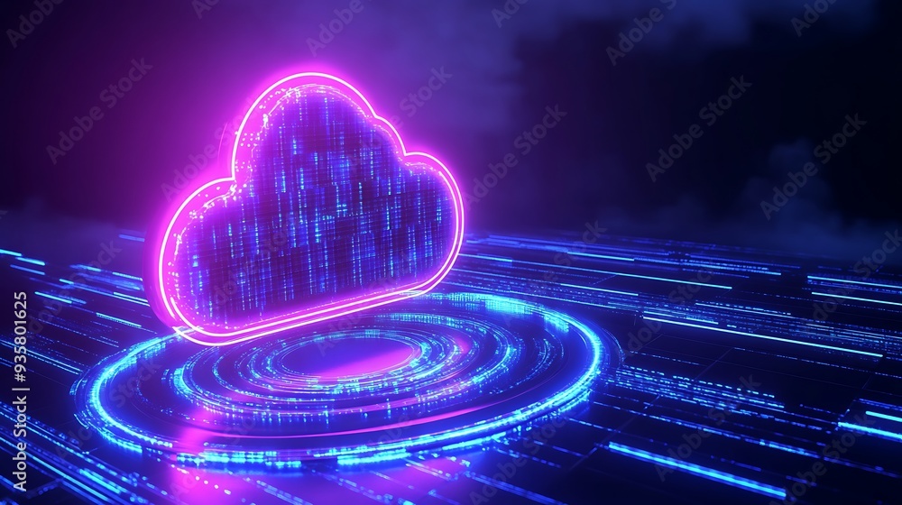 Poster futuristic neon cloud computing concept with digital data flow. symbolizing modern data storage and 