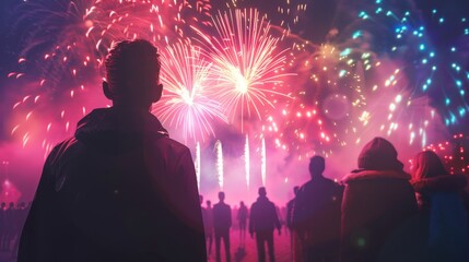 Fototapeta premium A man stands in front of a crowd of people watching fireworks