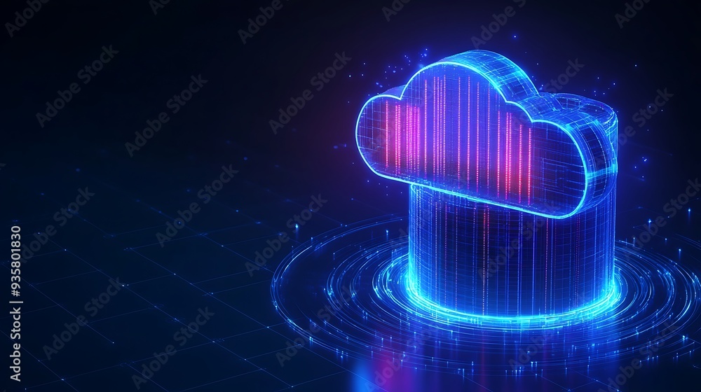 Poster futuristic neon cloud computing concept with glowing digital network in the background, symbolizing 