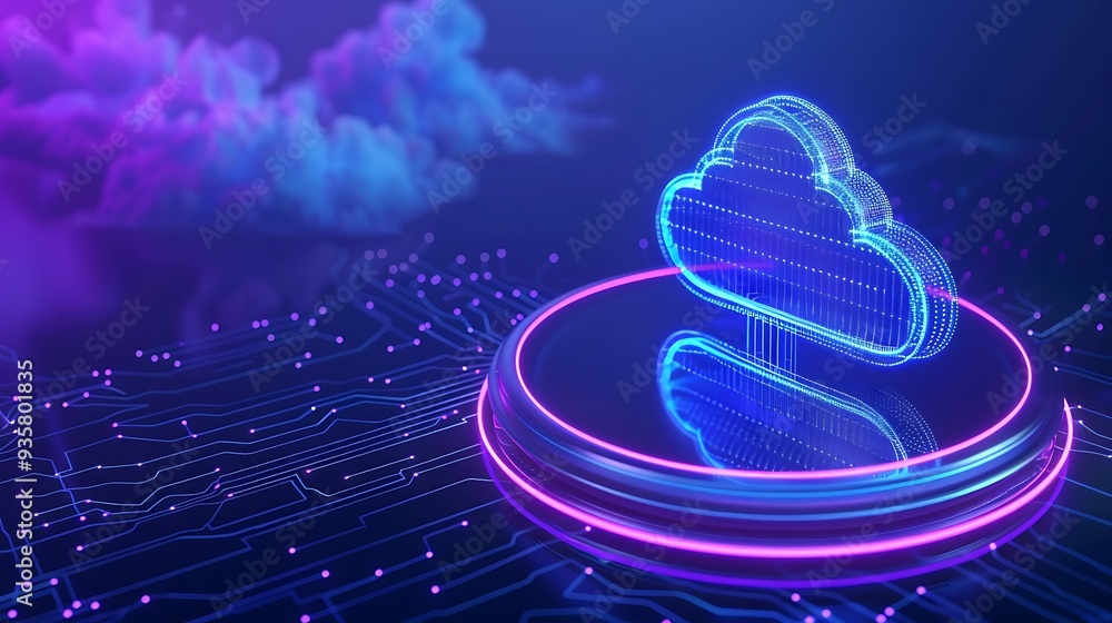 Poster futuristic neon cloud computing concept with glowing lines and digital network background, represent