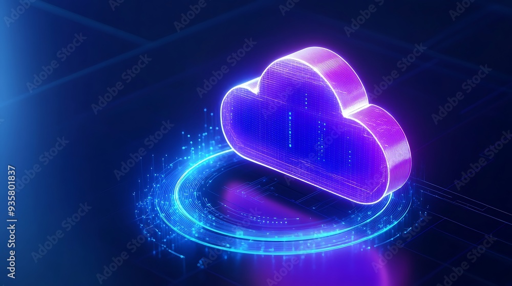 Poster futuristic neon cloud computing concept with glowing technology symbols and digital elements on a da