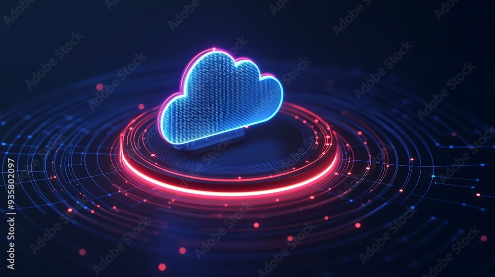 Poster futuristic neon cloud computing with digital network technology in a modern, abstract style illustra