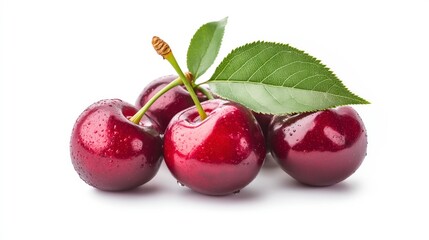 Four ripe red cherries with green leaves on a white background.
