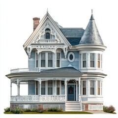 Naklejka premium Photorealistic Queen Anne House Rendering - Victorian Style, Isolated on White