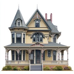 Obraz premium Photorealistic Queen Anne House 3D Model - Victorian Style, Isolated White Background
