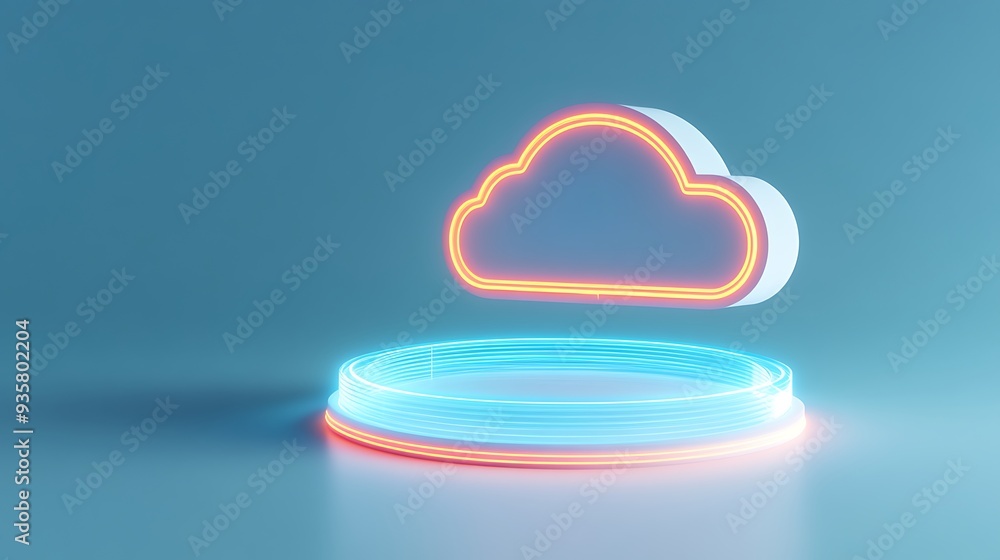 Poster futuristic neon cloud icon hovering over glowing platform, symbolizing cloud computing and technolog