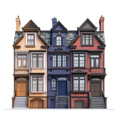 Fototapeta premium Photorealistic Row House 3D Model - Urban Style, Isolated on White Background
