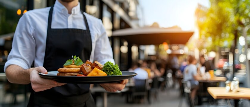 A server handling a full terrace at a cafe, expertly managing outdoor seating during a busy day