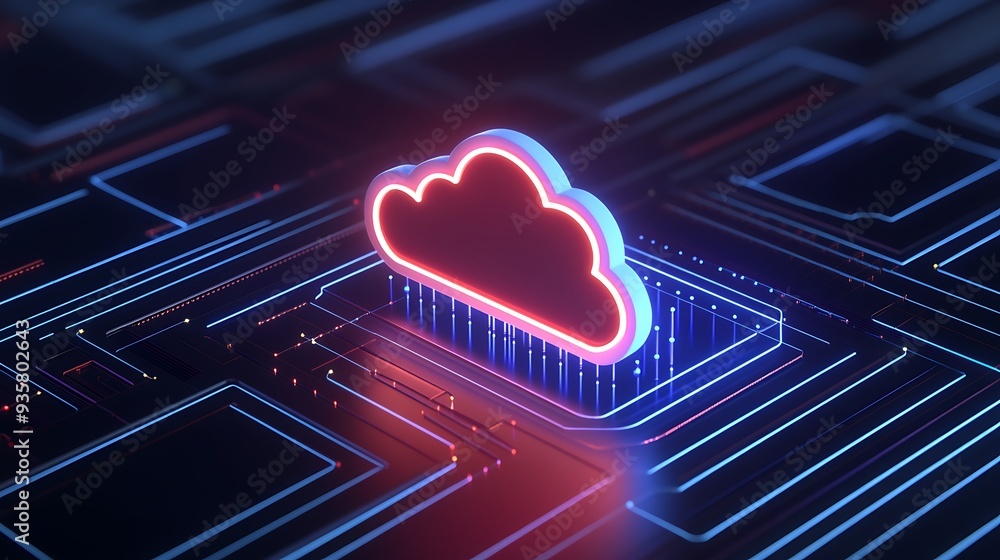 Poster futuristic neon cloud symbol representing cloud computing technology and digital storage on a microc