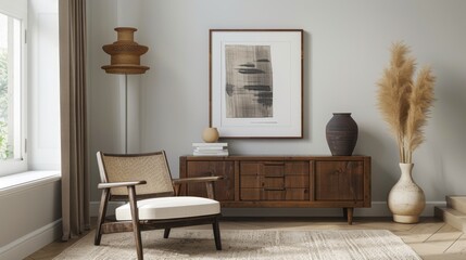 A living room with a wooden coffee table, a chair, a vase, and a framed picture