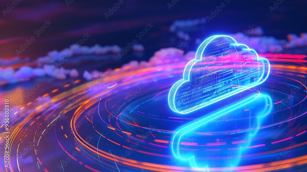 Poster futuristic neon cloud technology concept with swirling lights representing digital storage and data 