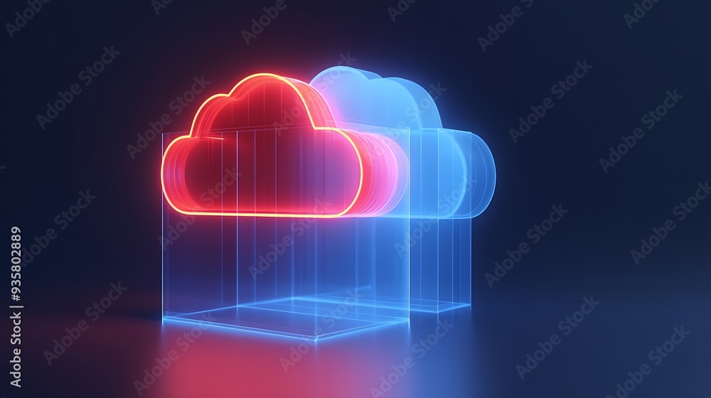 Poster futuristic neon cloud technology concept with red and blue glowing lights, representing data storage