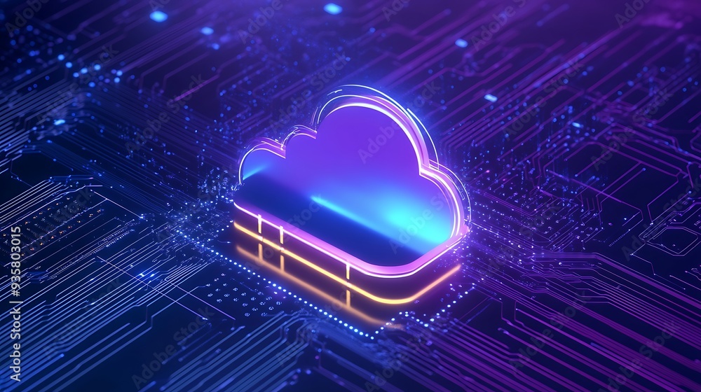 Poster futuristic neon-lit cloud computing technology concept on a digital circuit board background, symbol