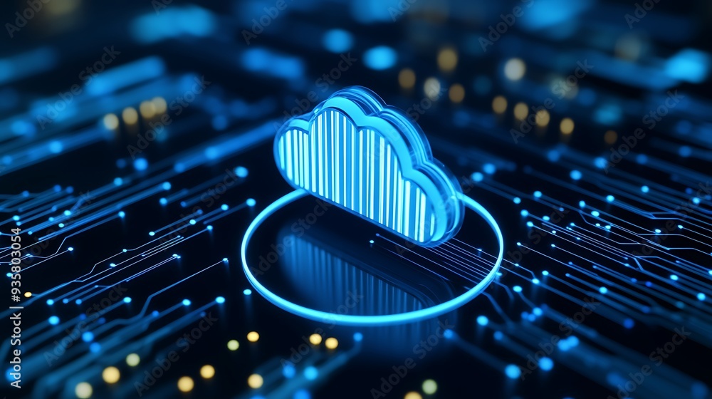 Poster futuristic representation of cloud computing technology, emphasizing data storage and digital connec