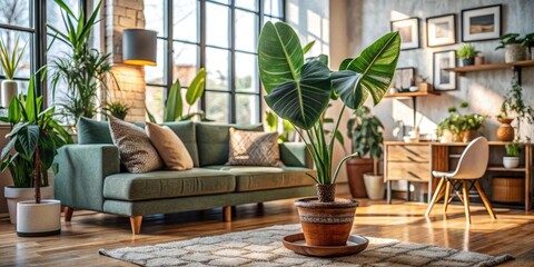 Alocasia Frydek in a bohemian industrial living room with selective focus