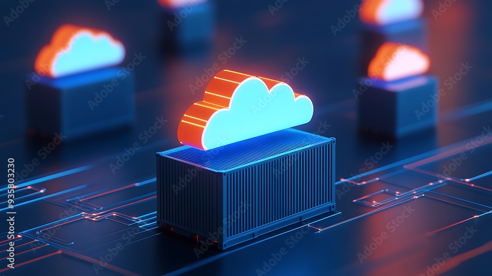 Poster futuristic representation of cloud computing technology with digital data storage in a neon-themed e