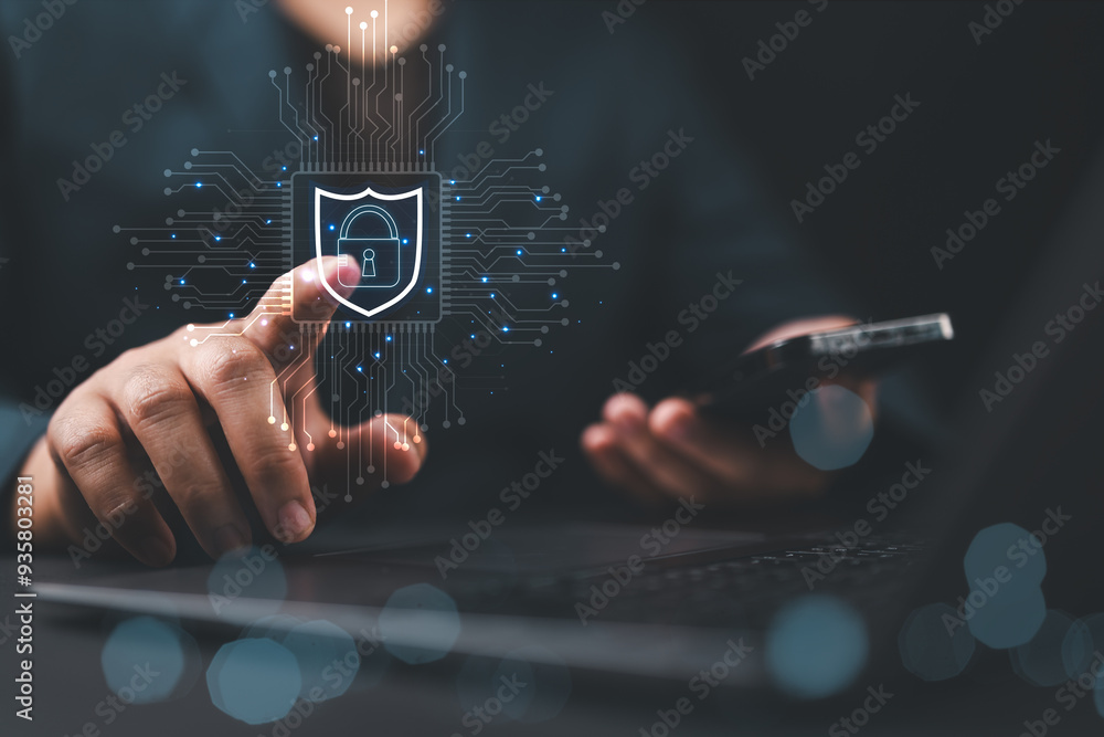 Poster Digital security lock. A person interact with digital security lock icon on virtual interface, representing cybersecurity, data protection, and prevention of unauthorized access. Data vulnerability,