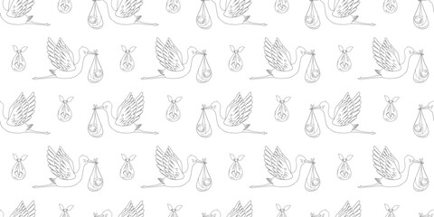 Stork with newborn baby. Vector seamless pattern. Cute hand drawn doodle backdrop