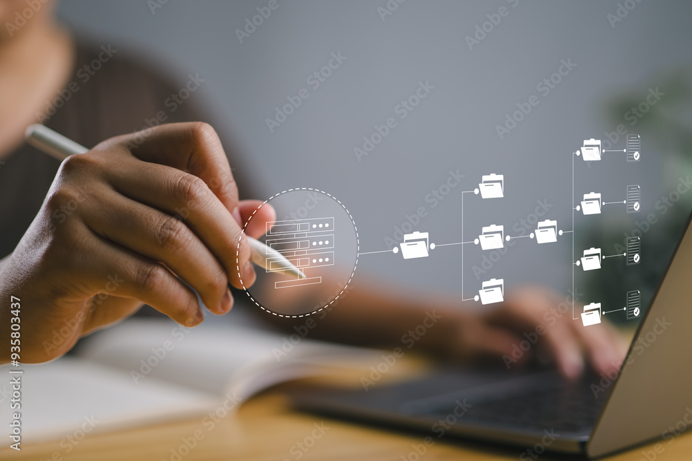Poster IT staff working with Document Management System (DMS), online documentation database and process automation to efficiently manage files, Corporate business technology.