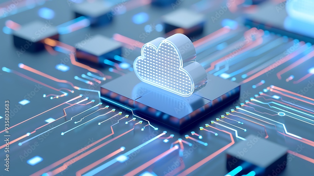 Poster futuristic technology concept with glowing cloud icon on a microchip, representing cloud computing, 
