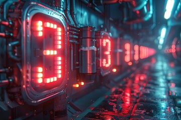 A series of red numbers are lit up in a dark room