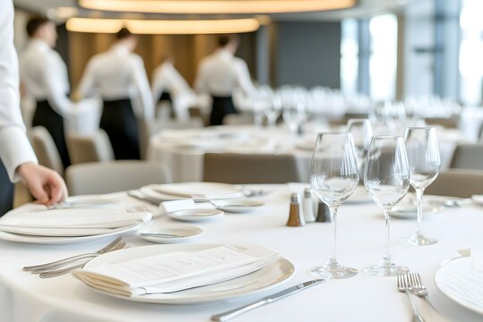 A banquet hall with servers in formal attire, setting up a table for a large event
