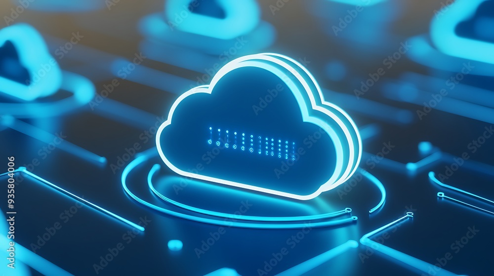 Poster glowing blue cloud icon representing cloud computing technology and data storage solutions in a futu