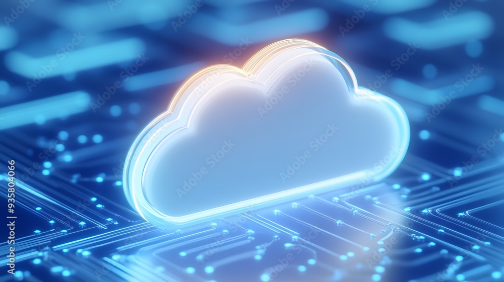 Poster glowing cloud icon on a futuristic digital circuit board. concept of cloud computing, data storage, 