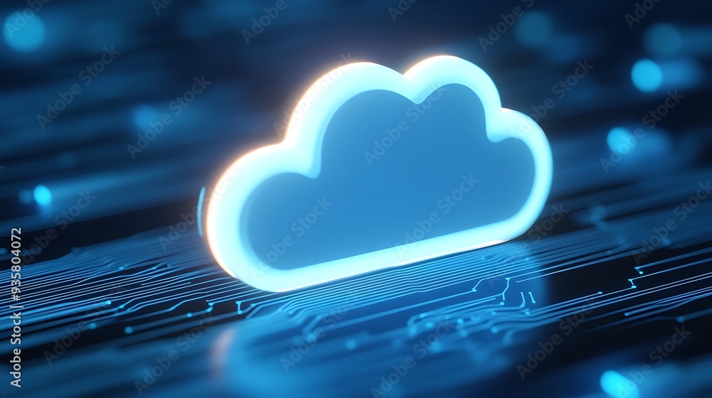 Poster glowing cloud symbol on a circuit board, representing cloud computing technology, digital storage, a