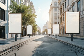 Obraz premium A row of billboards are lined up on a city street