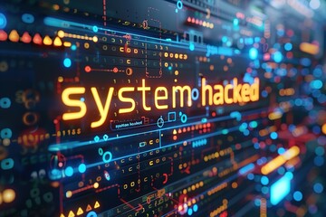 A colorful computer screen with the words "system hacked" written in orange