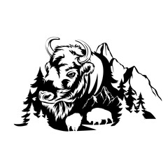 Bison Mountain Scene | Wild Animal | Bison | Wildlife | Forest Animal | Outdoor Scene | Nature Lover | Mountain Scene | Original Illustration | Vector and Clipart | Cutfile and Stencil