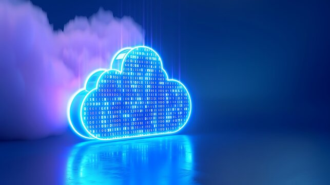 Glowing neon cloud with binary code on a reflective surface, representing cloud computing and data storage technology.